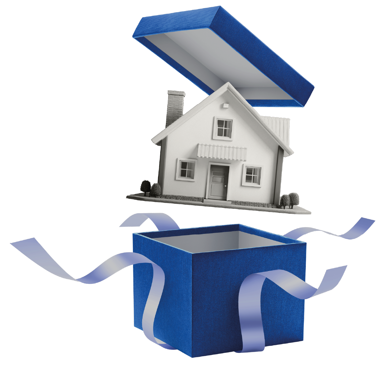 Una casa che esce da un pacco regalo